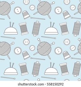 Vector seamless pattern with yarn, buttons, thread and needles. Background for needlework site. Needlework icons. Handmade.