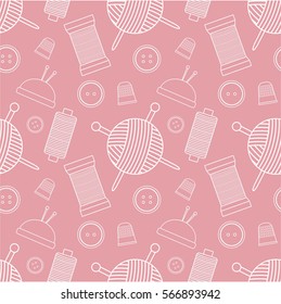 Vector seamless pattern with yarn, buttons, thread and needles. Background for needlework site.