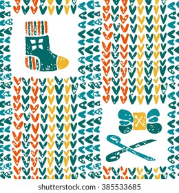 Vector seamless pattern with yarn and knitted sock