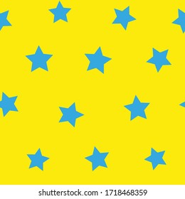 Vector seamless pattern with yellow background and blue stars. Modern stylish texture. Ornament for gift wrapping paper, textile, clothes, scrapbook, fabric, surface textures.