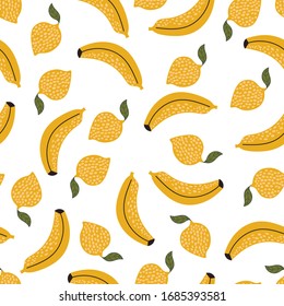 Vector seamless pattern with yellow banana fruits and lemon on white background. Summer tropical pattern for print, textile, season wrapping paper, brochure. Tropic floral template, exotic cover.