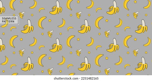 Vector seamless pattern with yellow bananas and stars on a gray background for textiles, design, wrapping paper, covers