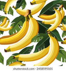 Vector seamless pattern with yellow bananas and green leaves. Isolated illustration on white background. Summer fruit design for fabric, textiles, bed linen, children's clothing, scrapbooking