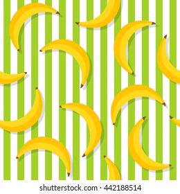 Vector seamless pattern of yellow bananas on Green striped background. Banana print. Yellow south fruit