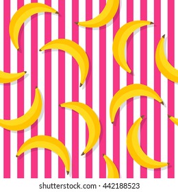 Vector seamless pattern of yellow bananas on Pink striped background. Banana print. Yellow south fruit