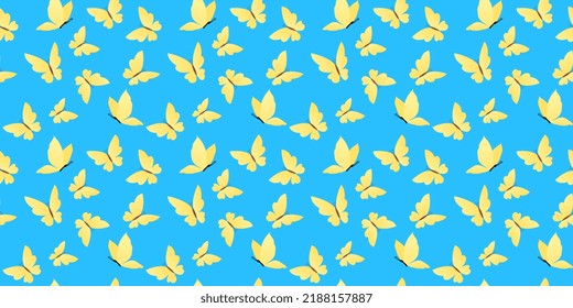 Patrón vectorial sin fisuras con hermosa mariposa amarilla sobre fondo de color azul. Diseño colorido de un patrón sin fisuras con diferentes mariposas para la web, banner, impresión, textil, tarjeta de saludo