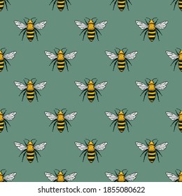 Vector seamless pattern with yellow bees. Handdrawn design.