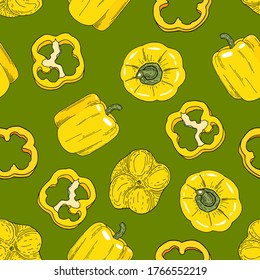 Vector seamless pattern with yellow bell pepper. Hand drawn bright vegetables on green background. Whole capsicum and slices. Design for kitchen textile, recipe book, menu, decoration