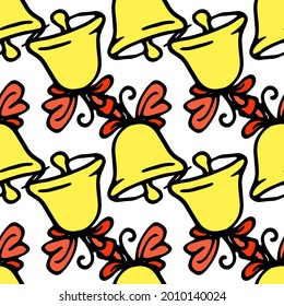 Vector seamless pattern of yellow bells with a red bow.a pattern of a small bell drawn in the style of doodles with a bow geometrically arranged on a white background for a design template
