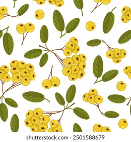 Vector seamless pattern with yellow berries and leaves. Autumn repeating pattern with a Pyracantha berry. Image for wallpaper, packaging and postcards. Ripe berries in autumn tons.