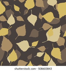Vector seamless pattern of yellow birch leaves on dark earth background.