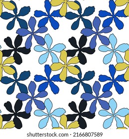 Vector seamless pattern with yellow and blue petal spring flower blossom, illustration abstract flora drawing on white background for fashion fabric textiles printing, wallpaper and paper wrapping