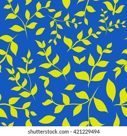 vector seamless pattern yellow branches with leaves on blue background