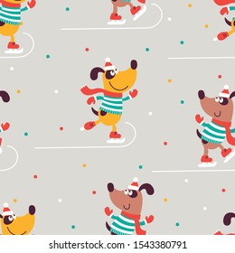 Vector seamless pattern with yellow and brown dogs and color dots. It can be used for backgrounds, fabric, surface textures, wallpapers, pattern fills