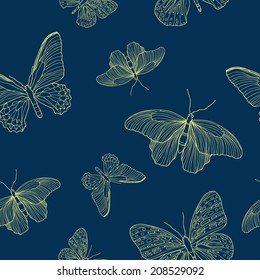 Vector seamless pattern with yellow butterflies in lines