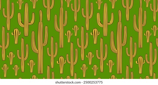 Vector seamless pattern with yellow cacti on bright green background.