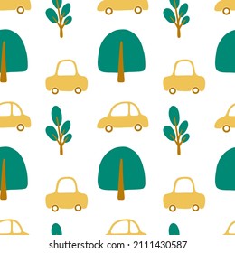 Vector seamless pattern with yellow cartoon cars and green trees. Children cute illustration for fabric, textile, print, wallpaper, room decor.