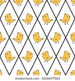 Vector seamless pattern with yellow chickens
