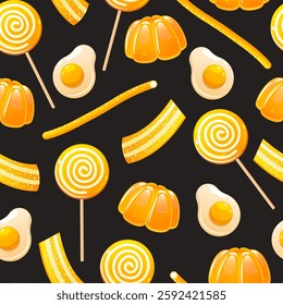 Vector seamless pattern with yellow color sweets includes lollipops and jelly candies isolated on white background.