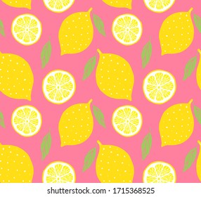 Vector seamless pattern of yellow colored hand drawn doodle sketch lemon isolated on pink background