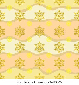 Vector seamless pattern in yellow colors on wave background. Snowflakes winter New Year 2018 pattern.