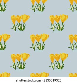 Vector seamless pattern with yellow crocus flowers. Gardening and spring illustration for background, textile, poster, scrapbooking, set of stickers, greeting cards, party invitations, tags.