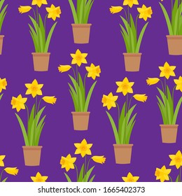 Vector seamless pattern of yellow daffodils with leaves in pot on violet background. Cartoon first spring flower texture used for magazine, poster, web pages, paper.