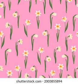 Vector seamless pattern of yellow daffodils or Narcissus. Hand drawn Botanical background. Early Spring potted garden flower blooming bulbous plant with root. Floral texture in flat style