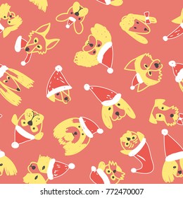 Vector seamless pattern and yellow dogs in Santa Claus hat symbol 2018 Chinese new Year  Can be printed   used as wrapping paper  wallpaper  textile  fabric  coloring page  etc  