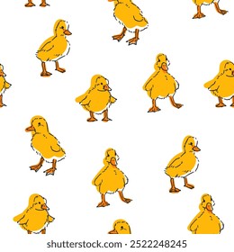 Vector seamless pattern with yellow ducklings isolated on a white background. Endless texture with cute chickens for baby design.
