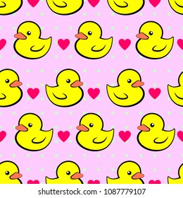 Vector seamless pattern with yellow ducks and pink heart on polka dots background.Pattern for newborn clothes,baby clothes,background,wrapping paper,scrapbook,baby album.