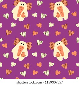 Vector seamless pattern with yellow elephant and heart with polka dots. Can be used for print on clothes for boys and girls, package, banner, wrapping paper, card. EPS10.