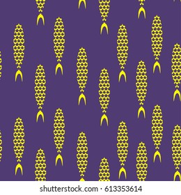 Vector seamless pattern with yellow fishes on violet swimming up