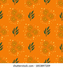 Vector seamless pattern with yellow flowers and green leaves on a orange background. Use in fabric, wrapping paper, wallpaper, bags, clothes, dishes, cases on smartphones and tablets.