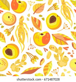 Vector seamless pattern of yellow fruits, leaves and superfood. Organic bright pattern.