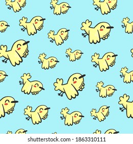 Vector seamless pattern yellow funny flying ruddy little bird on a blue background. Doodle concept is suitable for children, women, home clothes and pajamas.