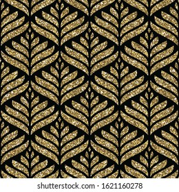 Vector seamless pattern with yellow gold sequins. Art deco decorative floral shapes. Geometric leaves texture. Retro stylish background. Art Nouveau style.