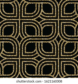 Vector seamless pattern with yellow gold sequins. Art deco decorative floral shapes. Geometric leaves texture. Retro stylish background. Art Nouveau style.