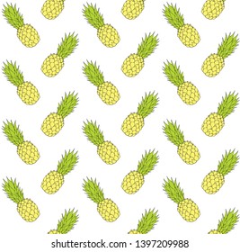 Vector seamless pattern of yellow and green  hand drawn sketch pine apple pineapple isolated on white background 