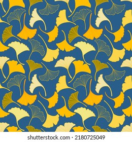 Vector seamless pattern with yellow and green ginkgo leaves falling, illustration abstract autumn leaf drawing on blue background for fashion fabric textiles printing, wallpaper and paper wrapping