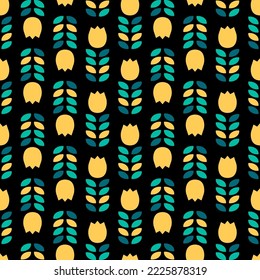 Vector seamless pattern with yellow and green tulips and black background