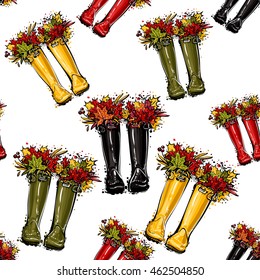 Vector seamless pattern with yellow, green, red hunter boots and leaves bouquet. Background for decoration seasonal celebration, greeting card and banner. Hand drawn symbols on white backdrop.