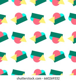 Vector seamless pattern of yellow, green, pink and blue geometric shapes
