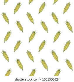 Vector seamless pattern of yellow hand drawn doodle sketch corn isolated on white background