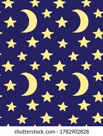 Vector seamless pattern of yellow hand drawn doodle sketch stars and moon with face isolated on blue background