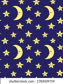 Vector seamless pattern of yellow hand drawn doodle sketch stars and moon with face isolated on blue background