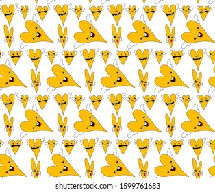 Vector seamless pattern with yellow hearts angels. Sketch textile, background, wrapping paper design, packaging.