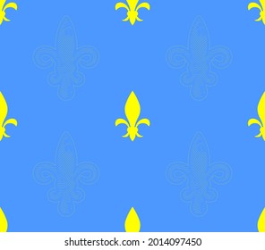 Vector seamless pattern of yellow heraldic icon. Unique yellow lily flowers tile. Simple elegant fleur-de-lis symbol on blue background.