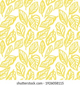 Vector seamless pattern yellow illuminating silhouette leaves on white background. Pattern swath included, mask added, image can be edited