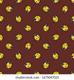 Vector seamless pattern with yellow ladybugs on brown background; cute design for fabric, wallpaper, wrapping paper, textile, web design.